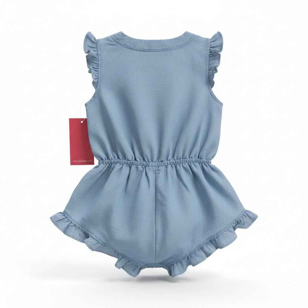 Girls Embroidered Chambray Ruffle Sleeve Romper