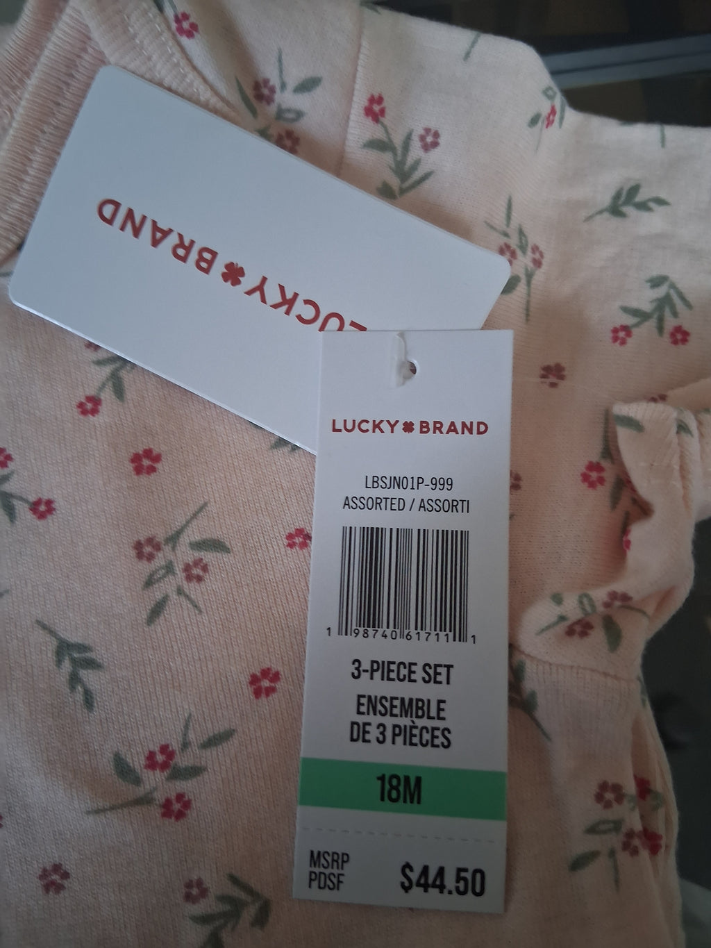 Lucky Brand 3-Piece Floral Bodysuit & Leggings Set – Size 18M