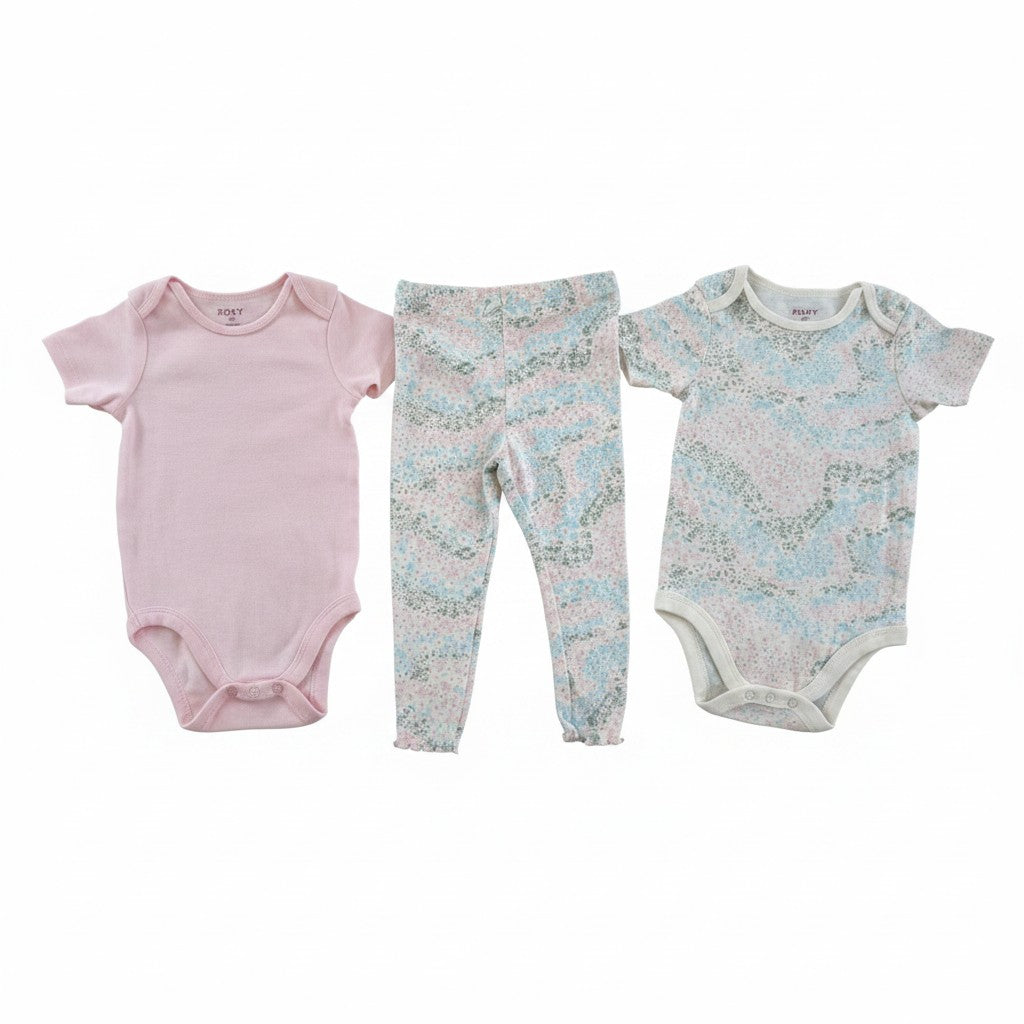 Roxy 3-Piece Bodysuit & Leggings Set – Pink Pastel Print | Size 18M