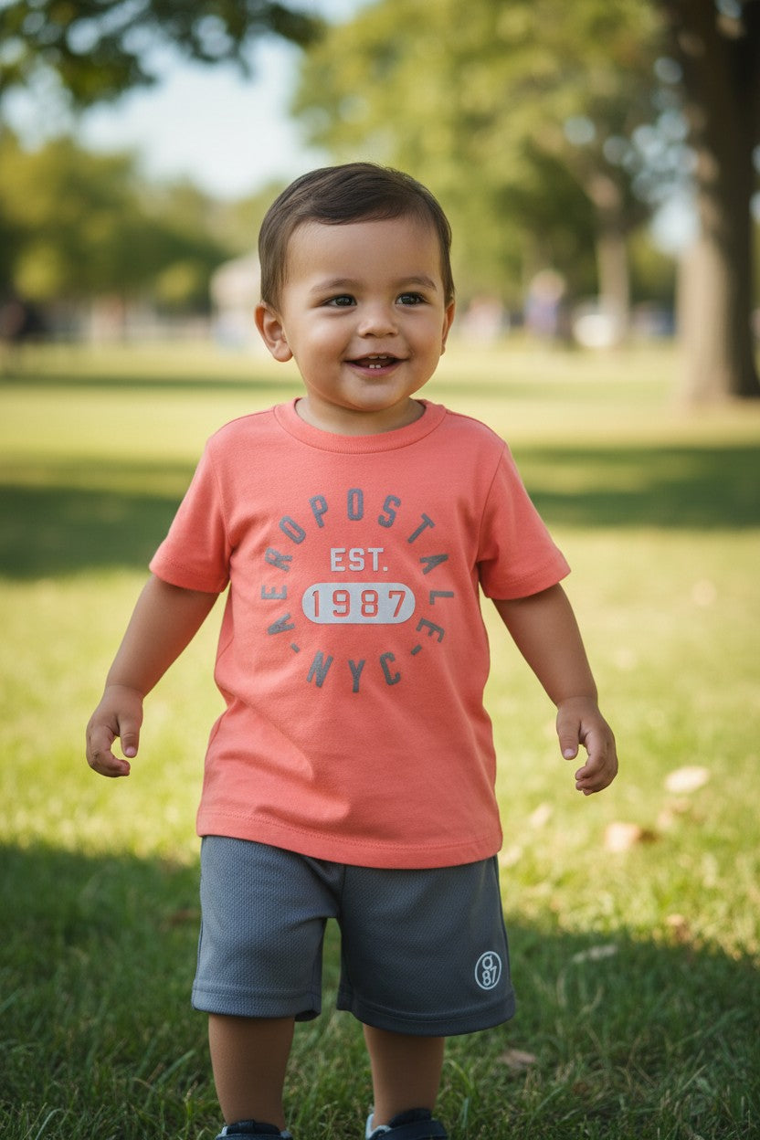 Aeropostale Kids 3-Piece Short Set – Coral & Gray | Size 3T