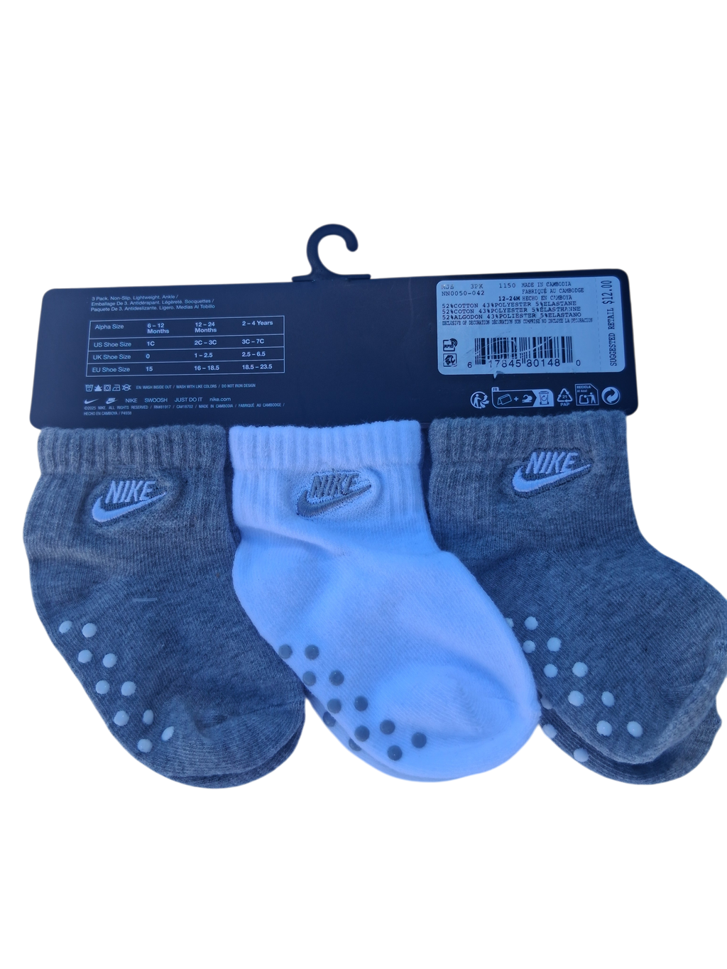Nike 3-Pack Non-Slip Grip Ankle Socks | 12-24 Months