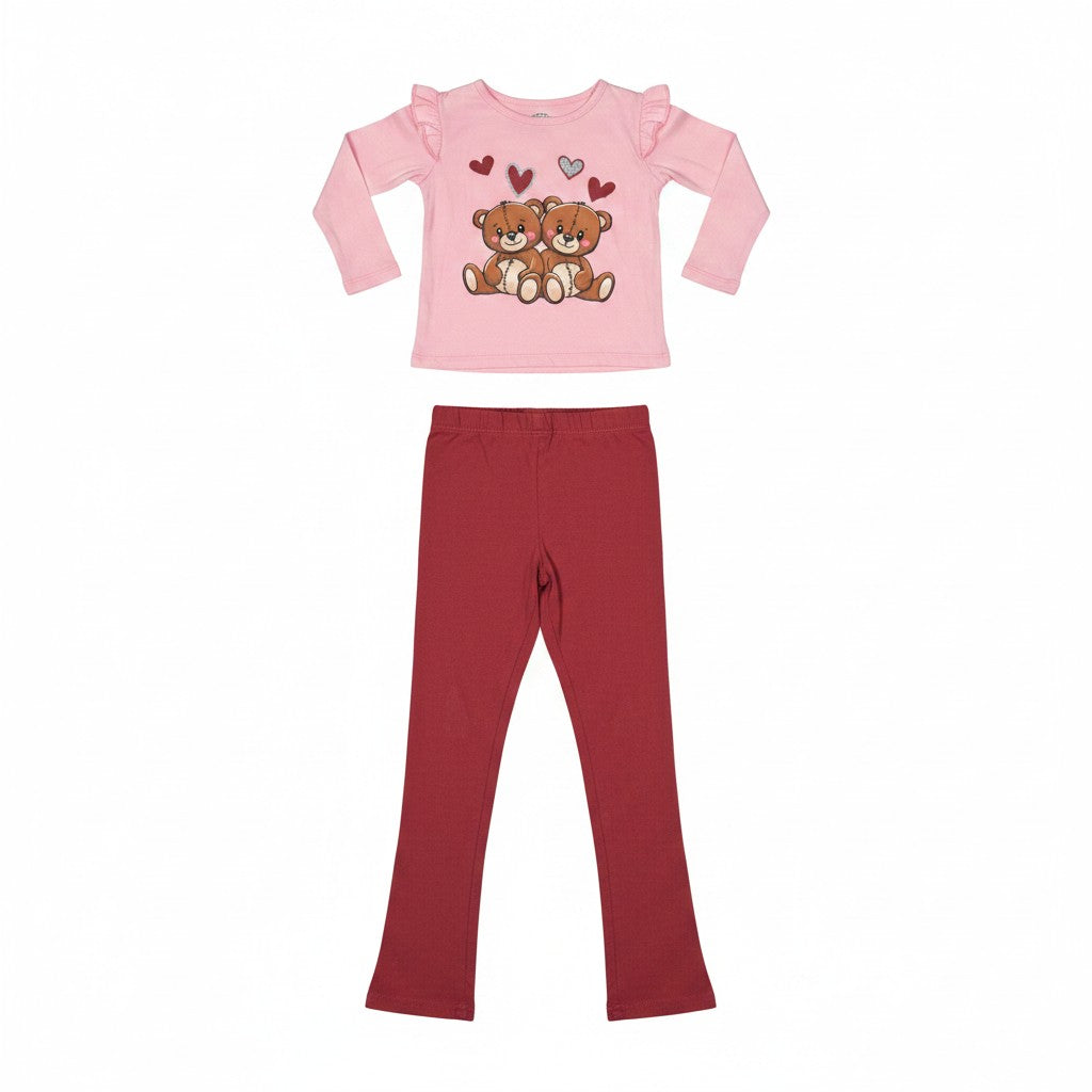 Pink Velvet Girls 2-Piece Teddy Bear Pant Set | Pink & Burgundy | Size 4T