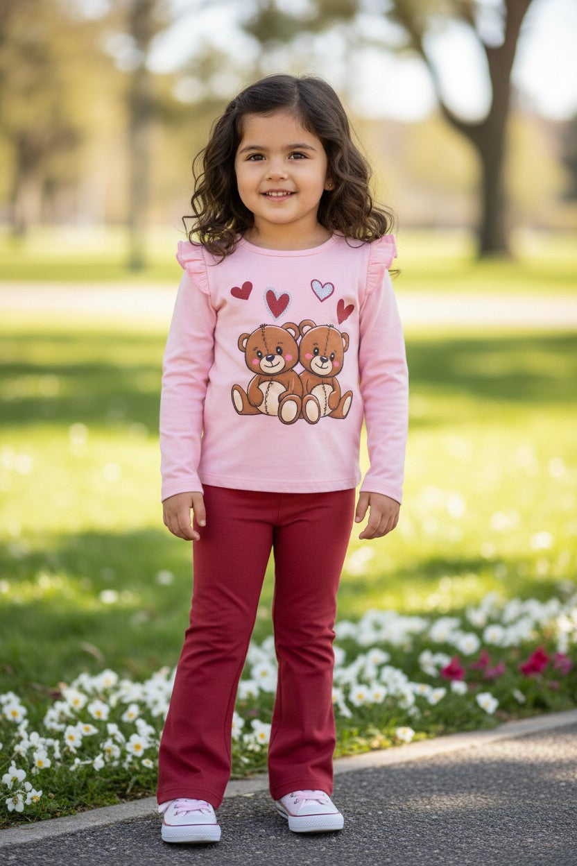 Pink Velvet Girls 2-Piece Teddy Bear Pant Set | Pink & Burgundy | Size 4T