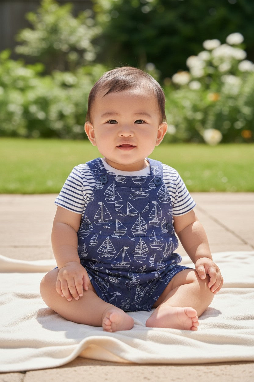Little Me Baby Boys 2-Piece Sailboat Shortall Set | Size 6M