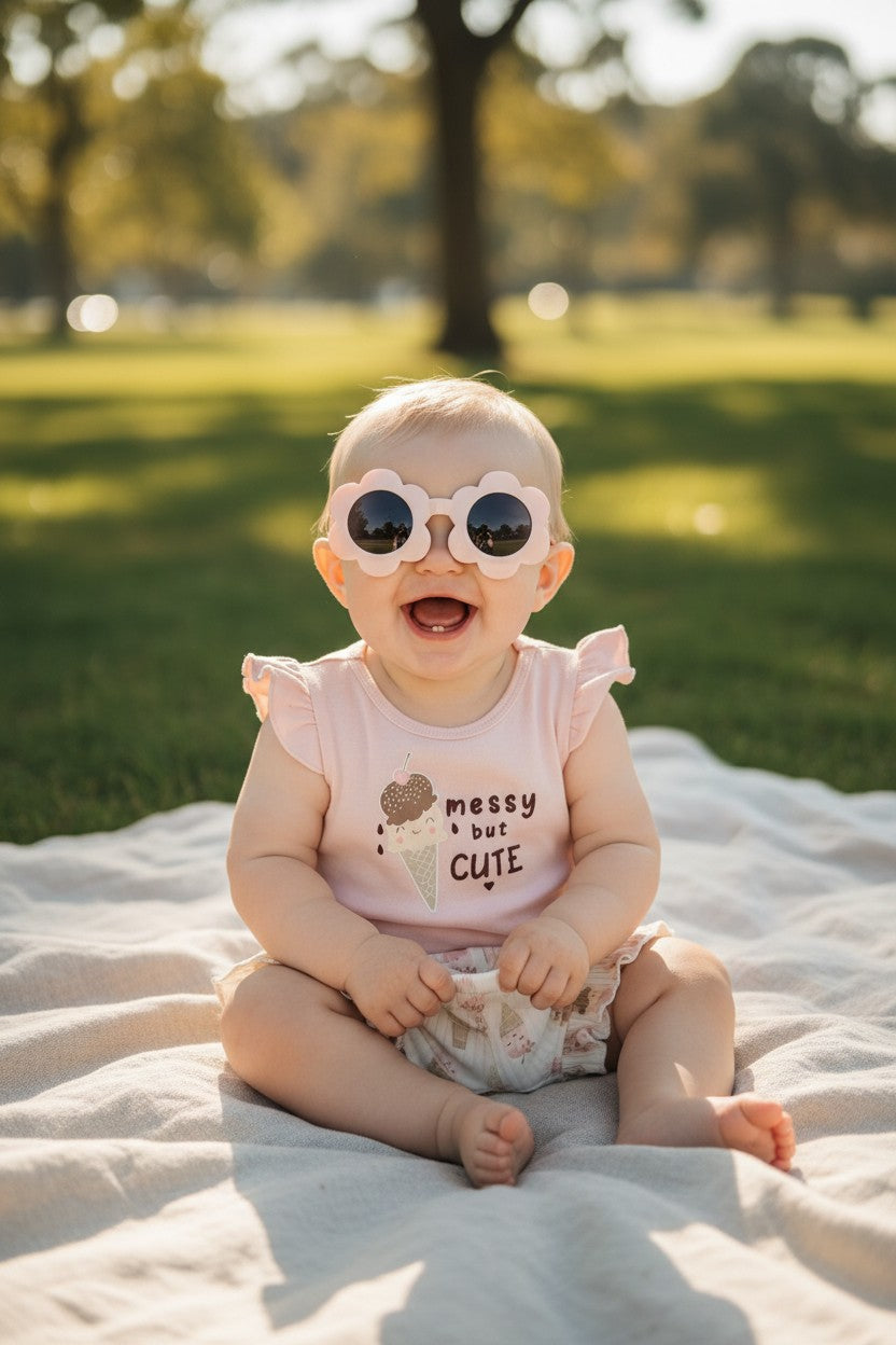 Girls 3-Piece "Messy But Cute" Bodysuit & Shorts Set with UV Protection Sunglasses | Size 6M