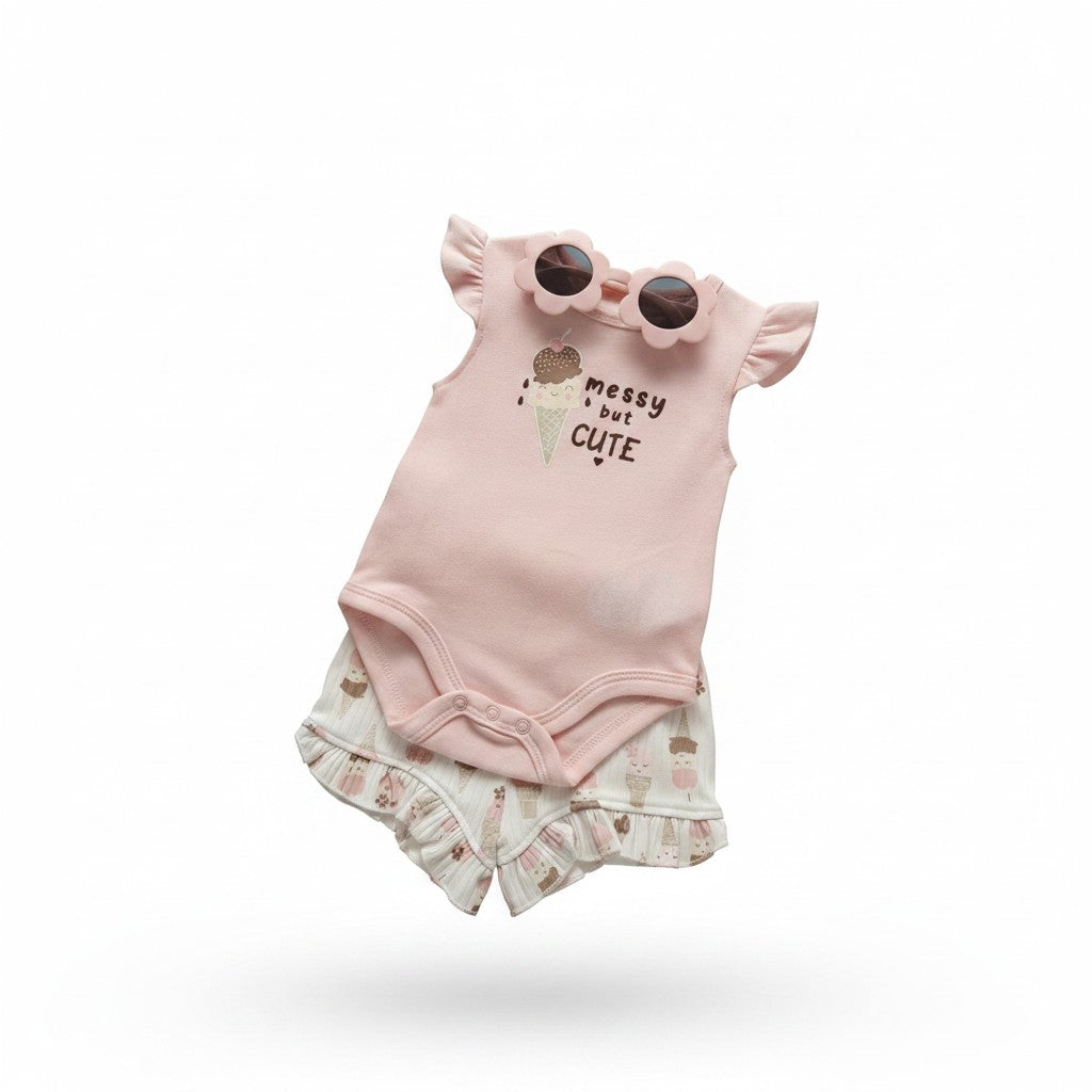 Girls 3-Piece "Messy But Cute" Bodysuit & Shorts Set with UV Protection Sunglasses | Size 6M