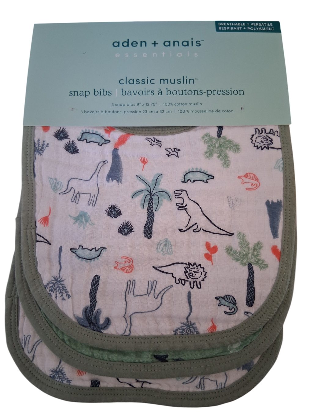 aden + anais Essentials Classic Muslin Snap Bibs | 3-Pack Dinosaur Print | 100% Cotton Muslin
