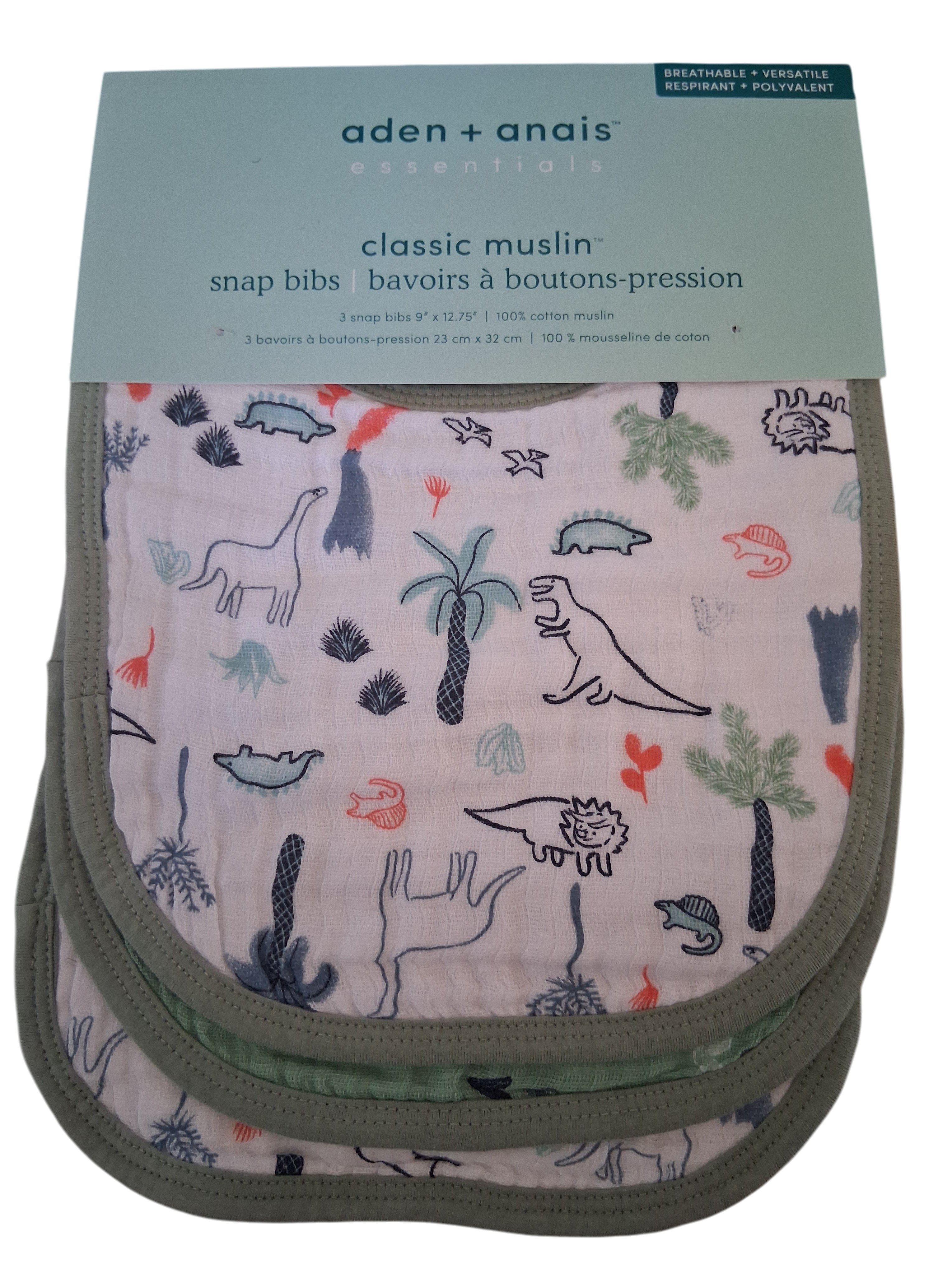 aden + anais Essentials Classic Muslin Snap Bibs | 3-Pack Dinosaur Print | 100% Cotton Muslin