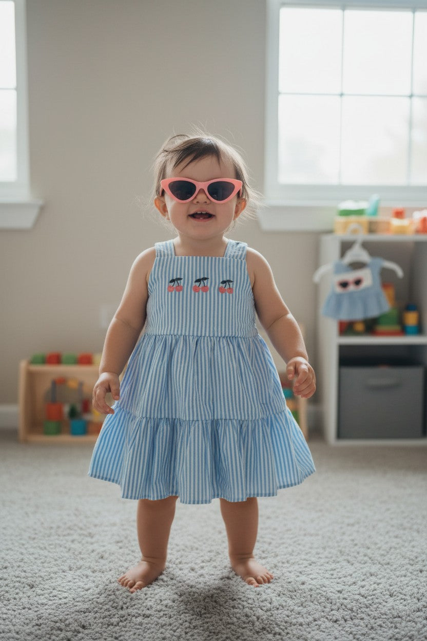 Nicole Miller Baby Girl Cherry Stripe Dress & Sunglasses Set | 2-Piece | Size 12 Months