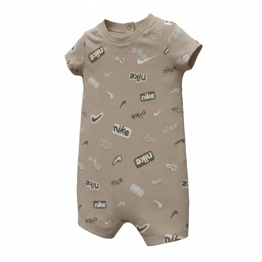Nike Baby Logo Print Romper | Tan Short Sleeve One-Piece