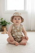Bearpaw Gauze Palm Print Romper & Bucket Hat Set | Size 3–6 Months