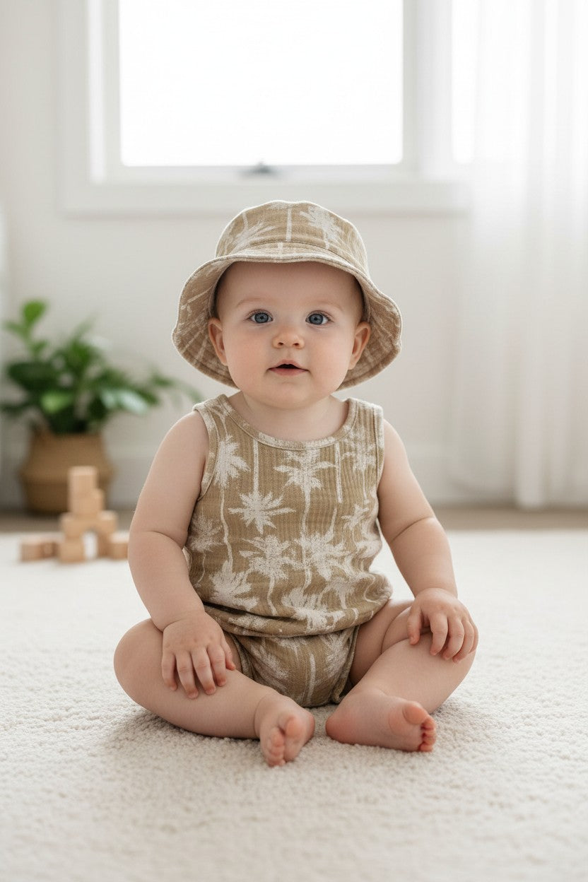 Bearpaw Gauze Palm Print Romper & Bucket Hat Set | Size 3–6 Months