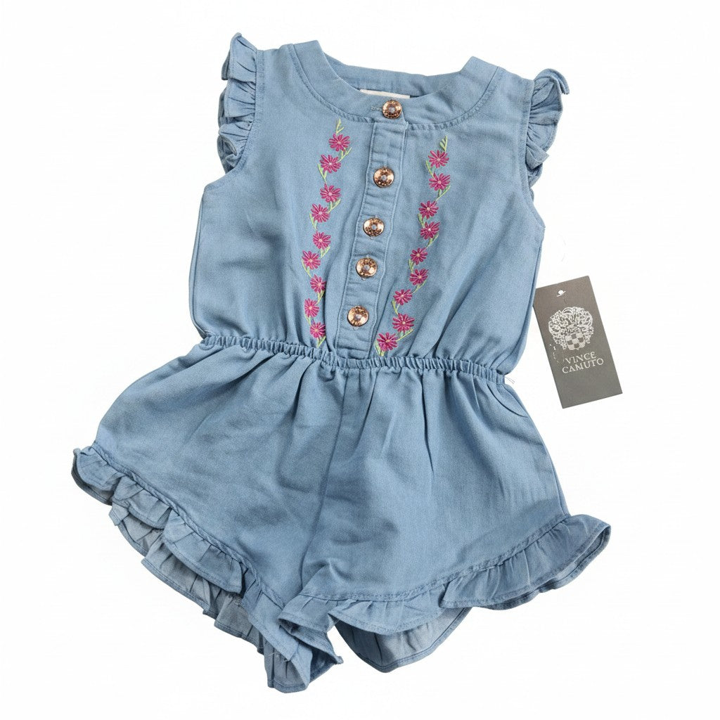 Girls Embroidered Chambray Ruffle Sleeve Romper
