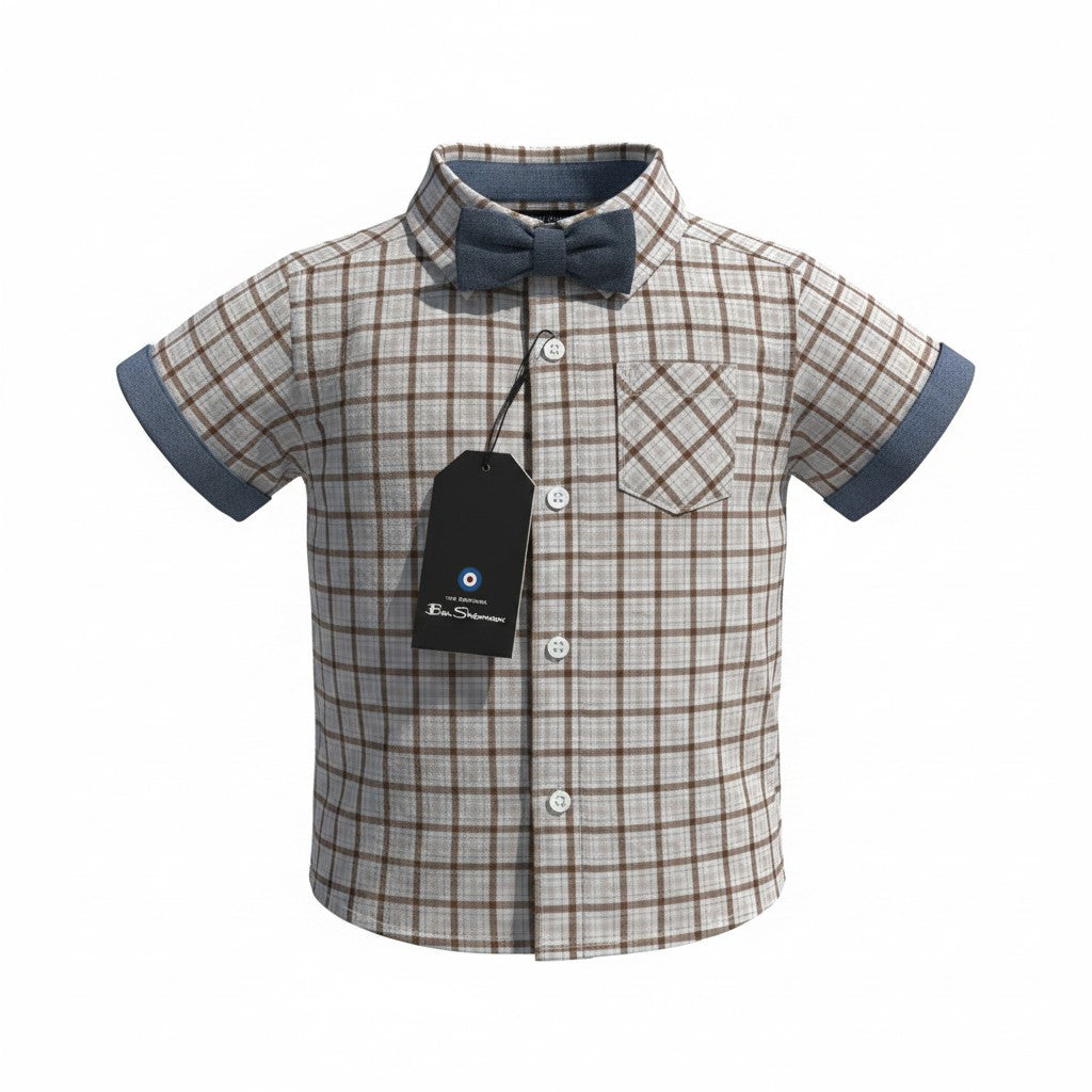 Ben Sherman Plaid Shirt & Shorts Set with Bow Tie – Size 18M