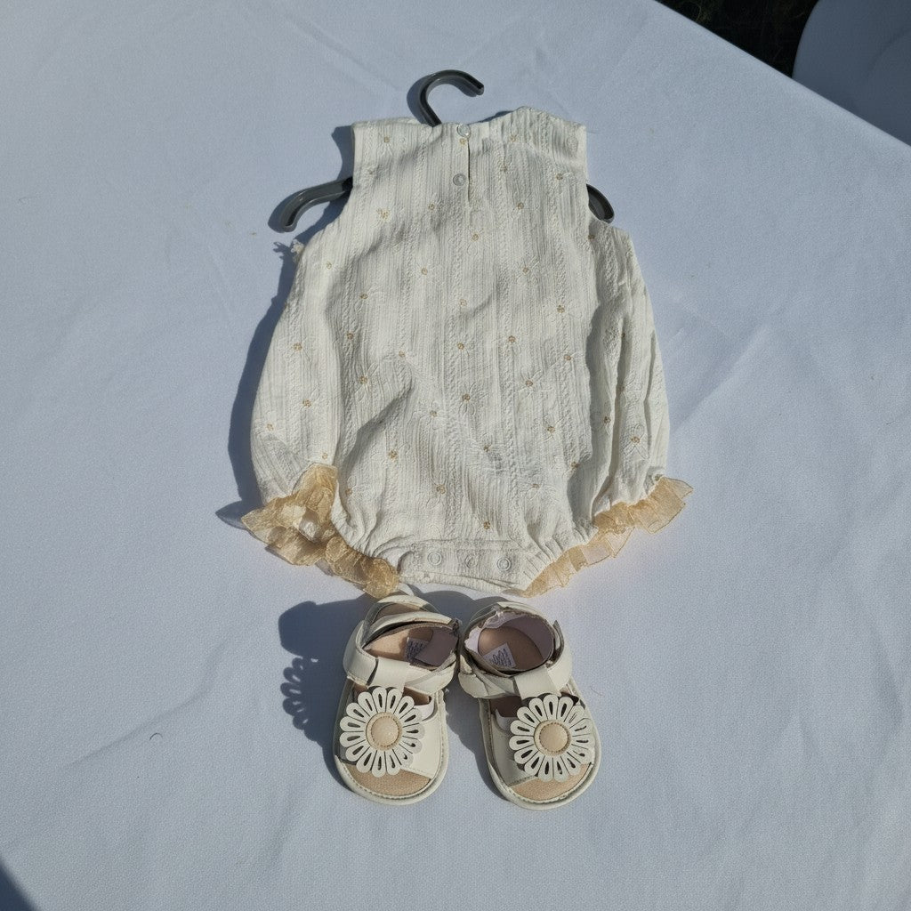 Snug Baby Girl Textured Romper & Matching Sandals Set | Size 6–9 Months