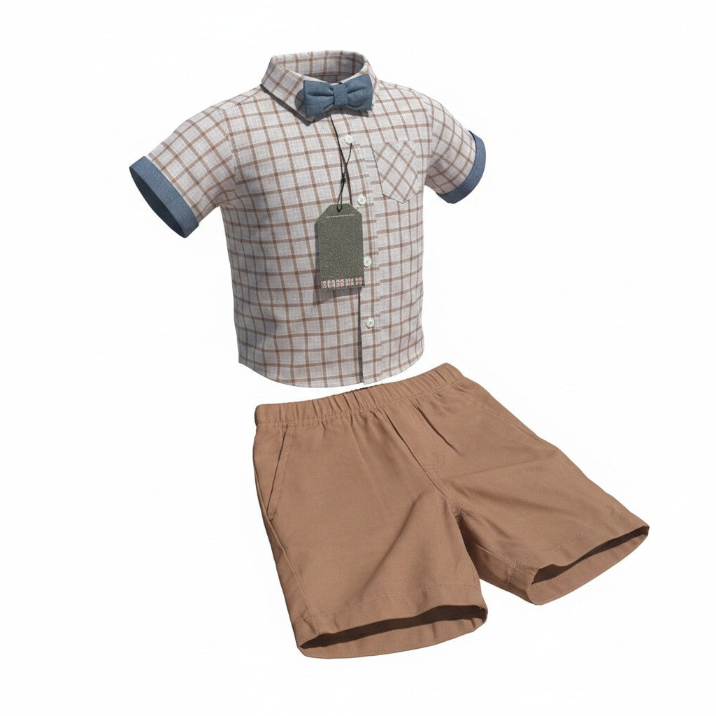 Ben Sherman Plaid Shirt & Shorts Set with Bow Tie – Size 18M