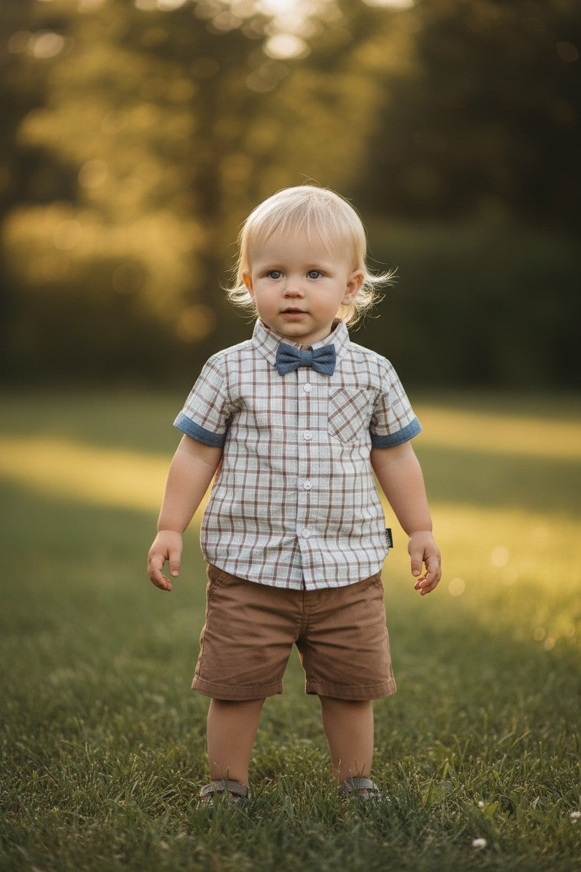 Ben Sherman Plaid Shirt & Shorts Set with Bow Tie – Size 18M