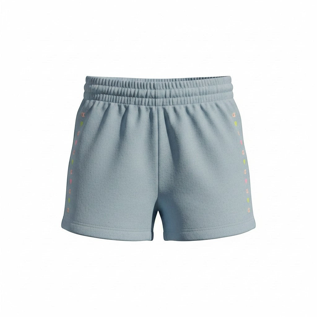 Everyday Little Co Champion pastel blue athletic shorts with elastic waistband and neon heart side detailing