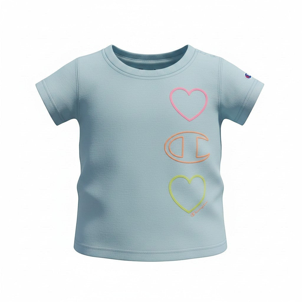 Everyday Little Co Champion pastel blue short sleeve tee with neon heart and logo graphics for baby girls
