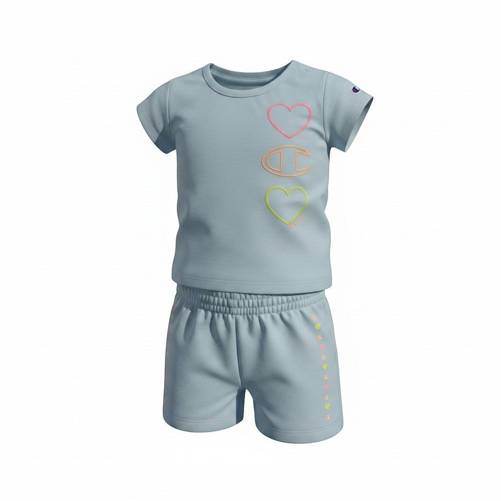 Everyday Little Co Champion girls pastel blue 2-piece short set with neon heart graphics and logo detailing