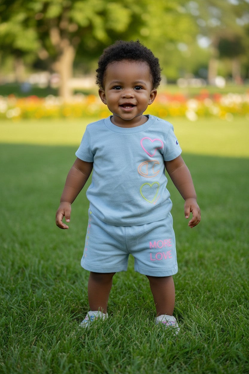 Everyday Little Co Champion pastel blue 2-piece short set with neon heart graphics on a toddler in a park
