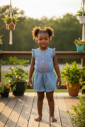 Girls Embroidered Chambray Ruffle Sleeve Romper