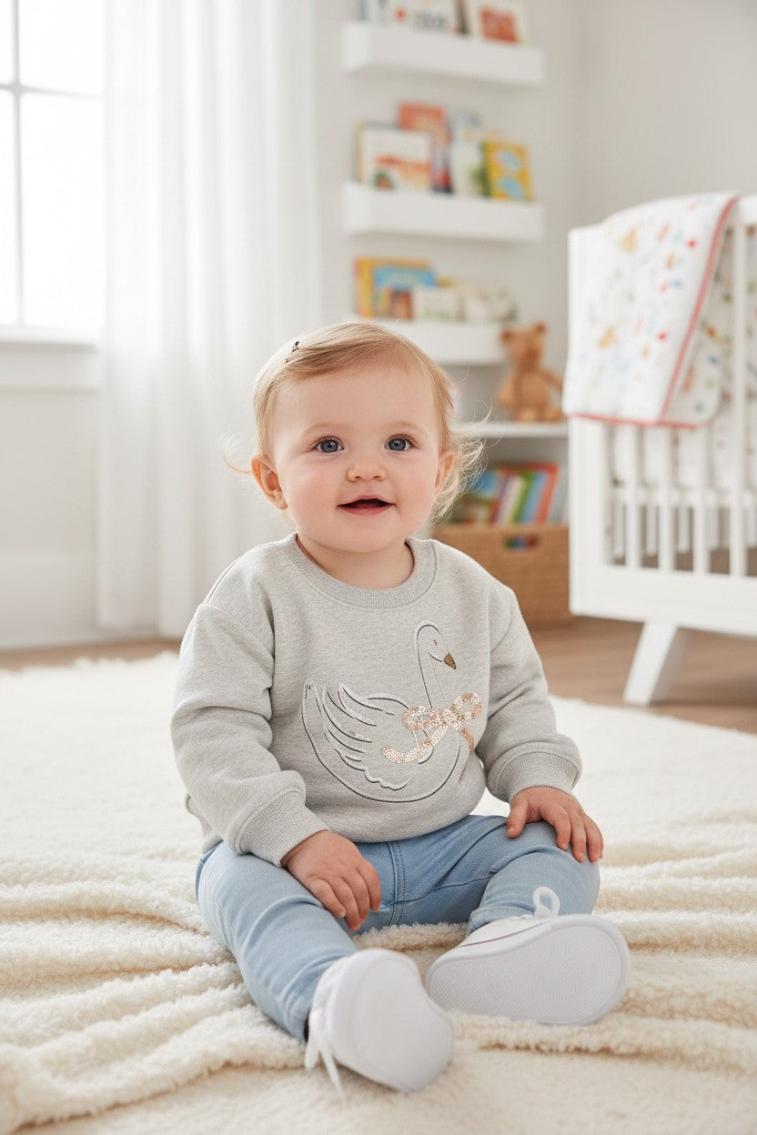 Jumping Beans Baby Girl Swan Sweatshirt | Heather Gray | 12 Months