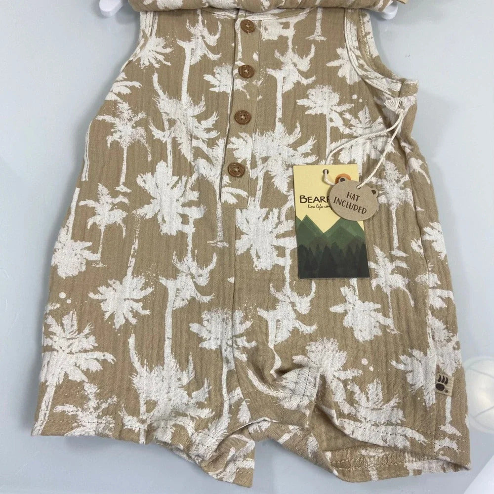 Bearpaw Gauze Palm Print Romper & Bucket Hat Set | Size 3–6 Months