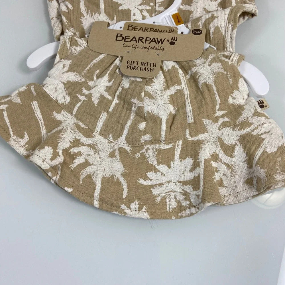 Bearpaw Gauze Palm Print Romper & Bucket Hat Set | Size 3–6 Months